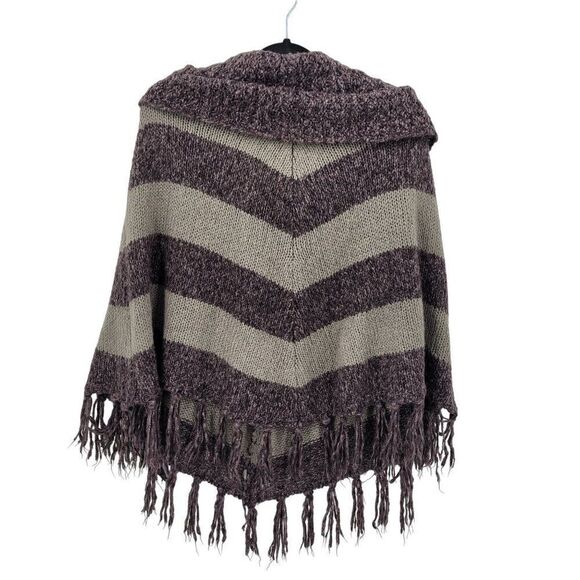 Bandolino Fringe Knit Cowl Neck Poncho PM Purple Gray Chevron Stripe Boho Hippie - Picture 2 of 8